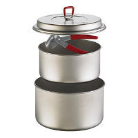 Two-person ultralight titanium pot set nests together to save space.  Two pots, one lid, and one litelifter pot handle