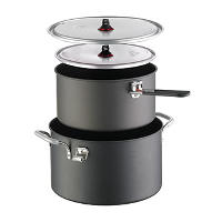 camping food, dehydrated hiking food, camp stoves and fuel, pots and pans, lightweight cups, plates, bowls, cookware.  Food and water storage