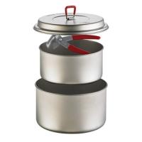 Two-person ultralight titanium pot set nests together to save space.  Two pots, one lid, and one litelifter pot handle
