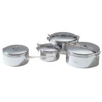A durable and versatile stainless steel pot for cooking while camping or on trail, with hinged handle that flips over the lid to lock in place.