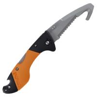 The folding, lock-blade NRS Captain Rescue Knife and features a rope cutting hook at the tip and a quick-slicing serrated edge.