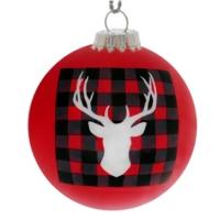 Made of hand painted glass, this Stag Blanket Ornament features a majestically antlered deer head set against a checkered pattern.