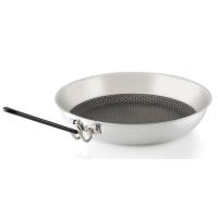 The Gourmet Frypan features a raised laser-etched stainless steel grid that protects the nonstick surface from utensil damage.